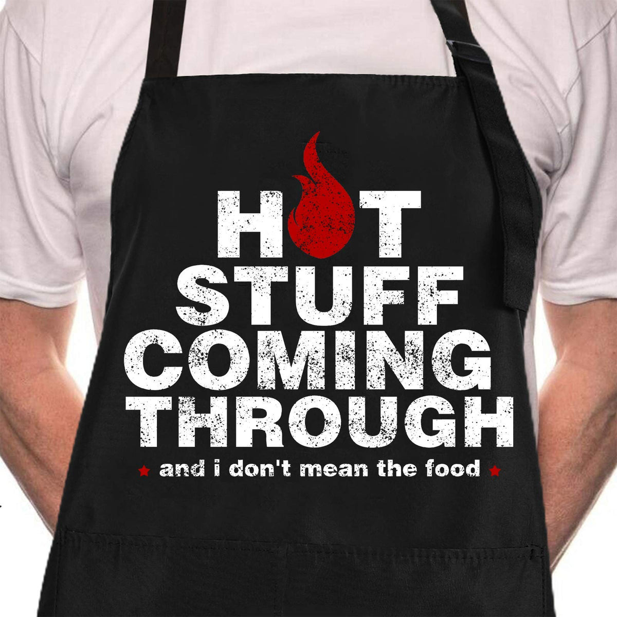 Rosoz funny BBQ apron front view with Hot Stuff Coming Through design for men
