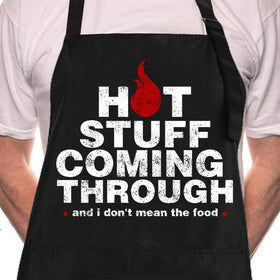 Rosoz funny BBQ apron front view with Hot Stuff Coming Through design for men