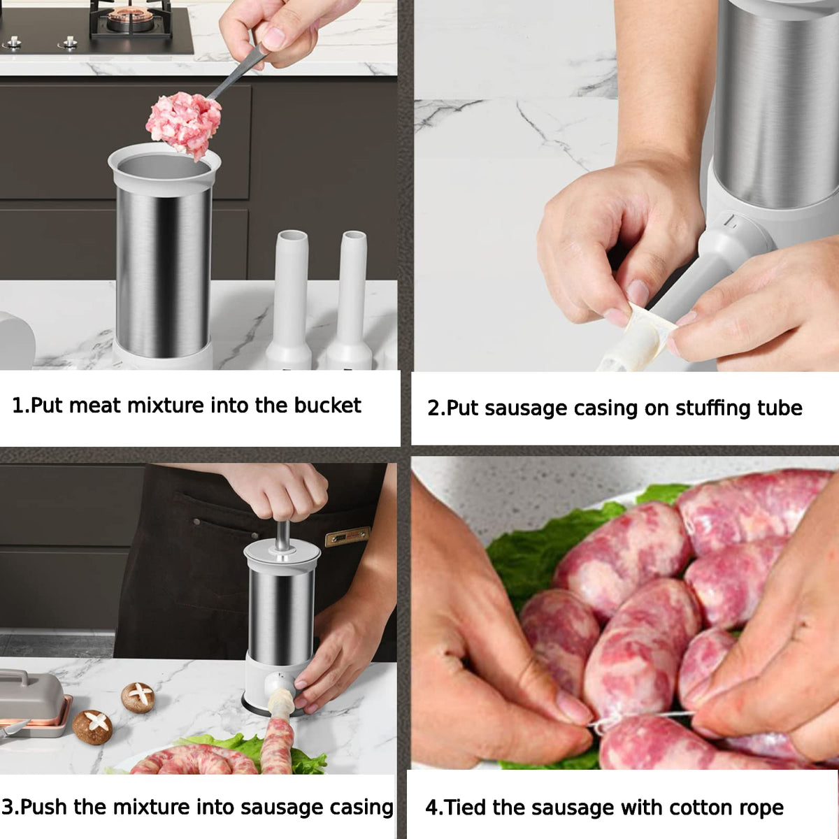 ROSROSE sausage stuffer lever and piston enable quick, smooth stuffing.