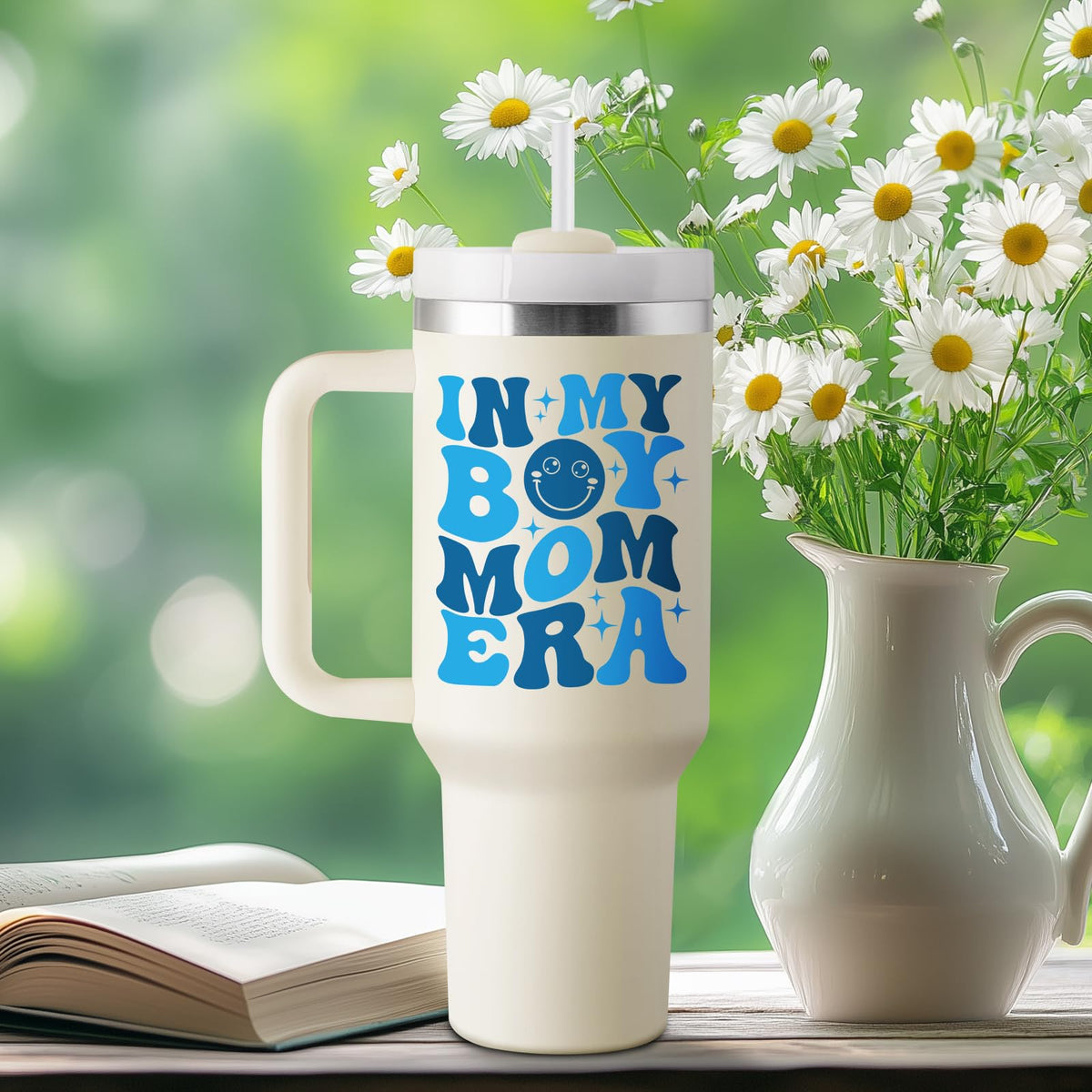 ROSTANTEN boy mom pattern tumbler showcases vibrant design for new moms.