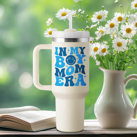ROSTANTEN boy mom pattern tumbler showcases vibrant design for new moms.