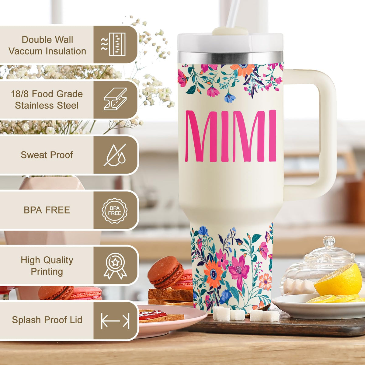 Ergonomic handle on the Mimi tumbler makes carrying easy.