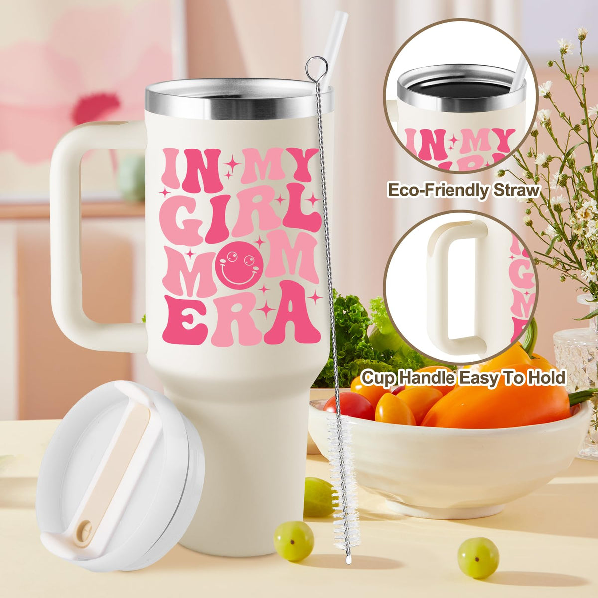 ROSTANTEN tumbler with ergonomic handle for easy carrying during activities.