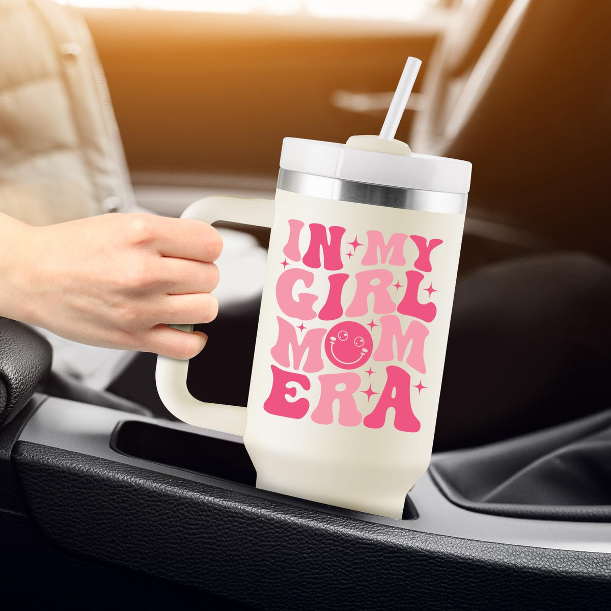ROSTANTEN girl mom tumbler in daily use during commutes and errands.