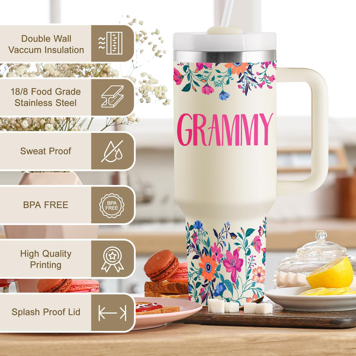 ROSTANTEN Grammy Tumbler ergonomic handle for easy carrying during commutes