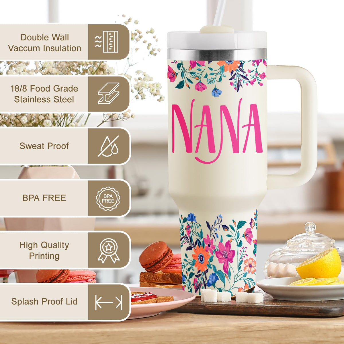 ROSTANTEN Nana tumbler ergonomic handle offers comfortable carrying.