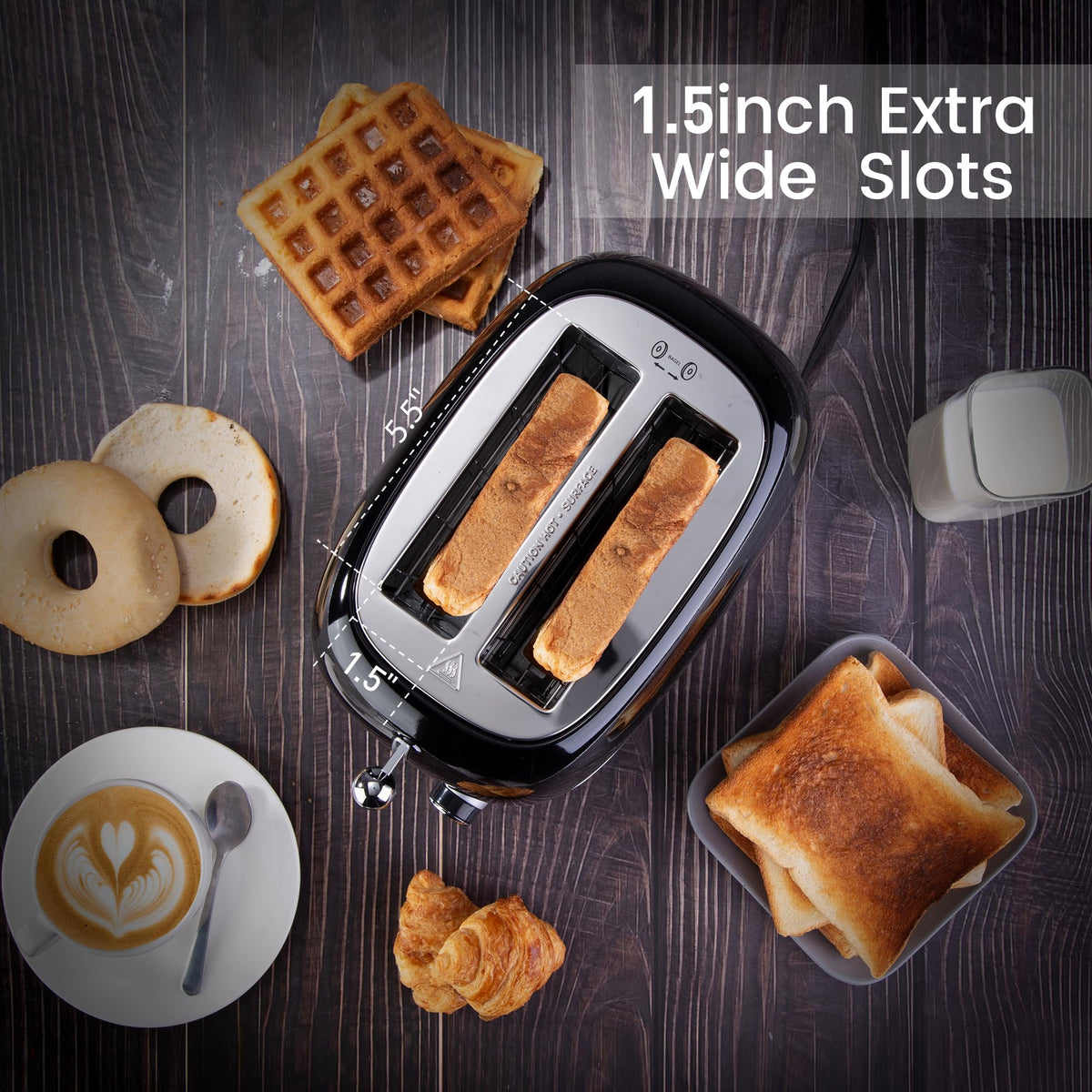 Roter Mond 2-slice toaster bagel mode button close-up for even one-side browning.