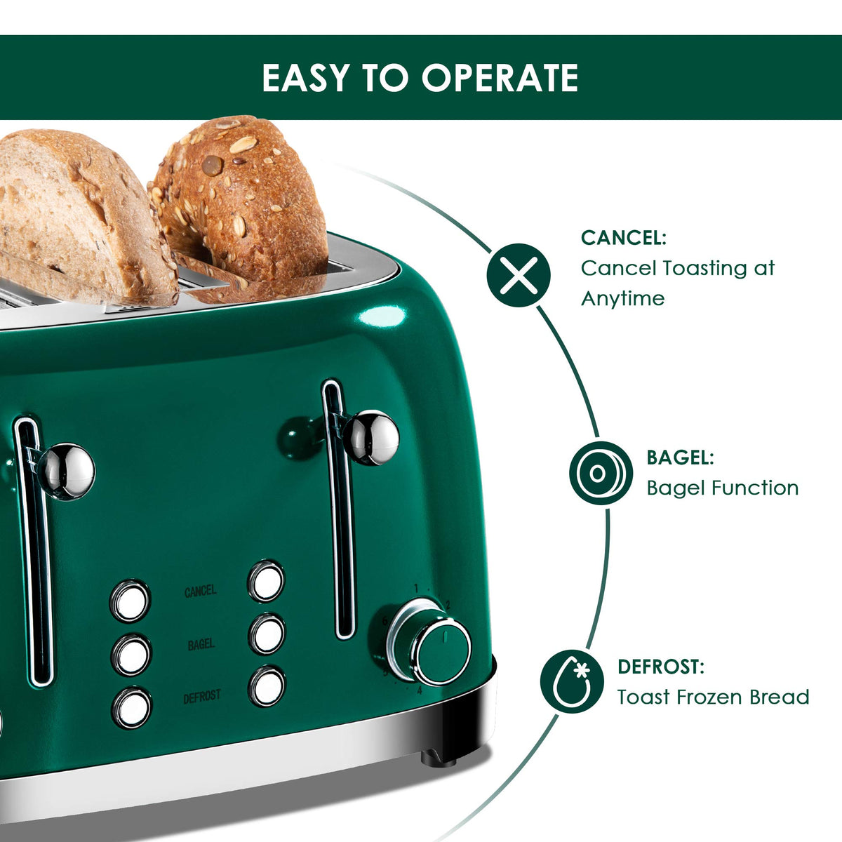 Roter Mond 4-Slice Toaster with 4 slots in green for thick slices