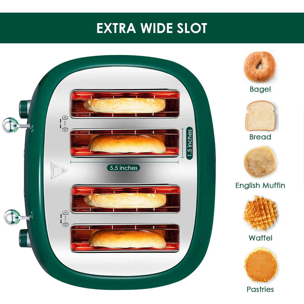 Roter Mond 4-Slice Toaster controls in green highlighting browning levels and options