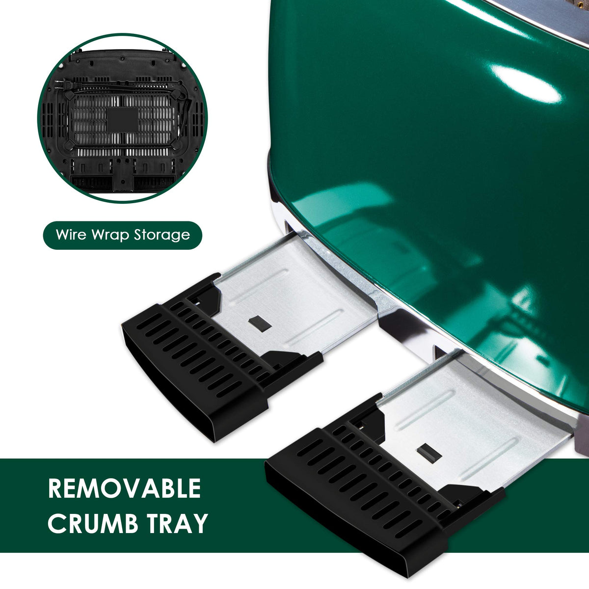Roter Mond 4-Slice Toaster crumb trays in green for easy cleaning