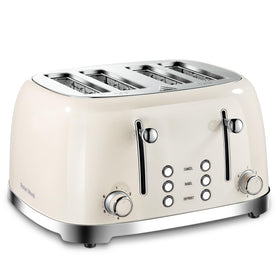 Roter Mond 4-slice toaster front view in cream with retro stainless steel finish for busy mornings