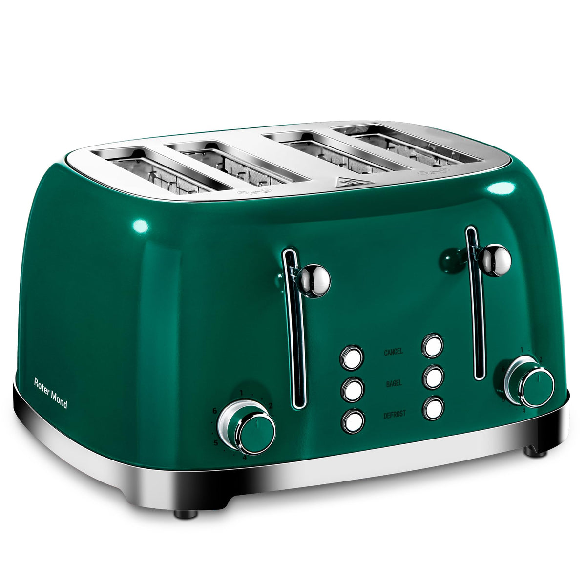 Roter Mond 4-Slice Toaster front view in green with extra-wide slots for bagels and waffles
