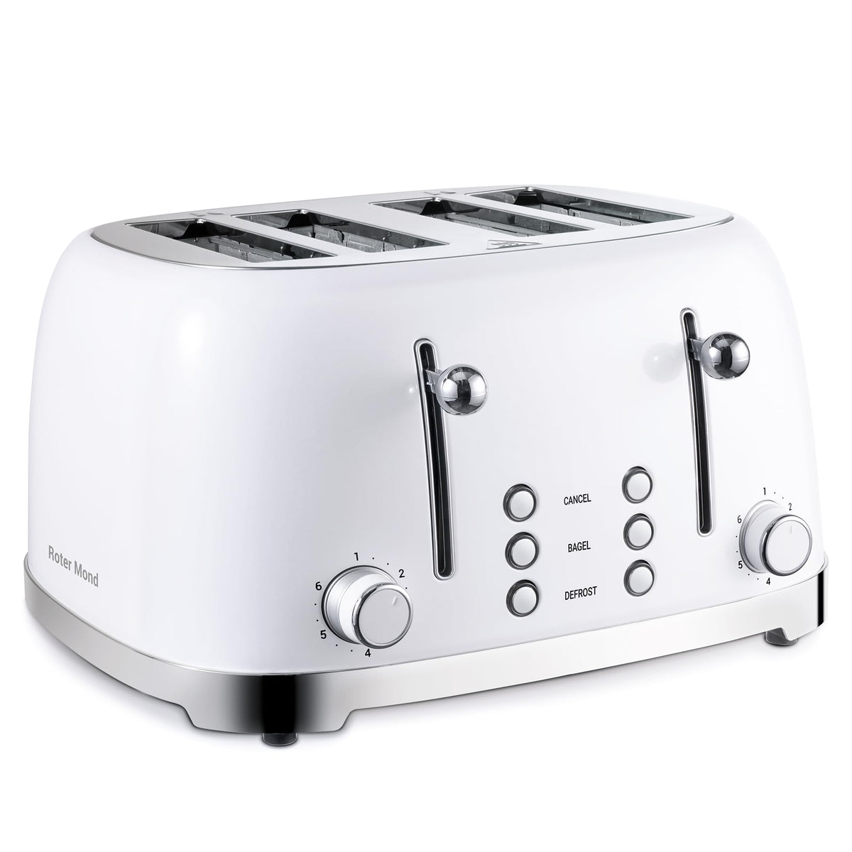 Roter Mond 4-slice toaster front view; durable stainless steel for daily use.