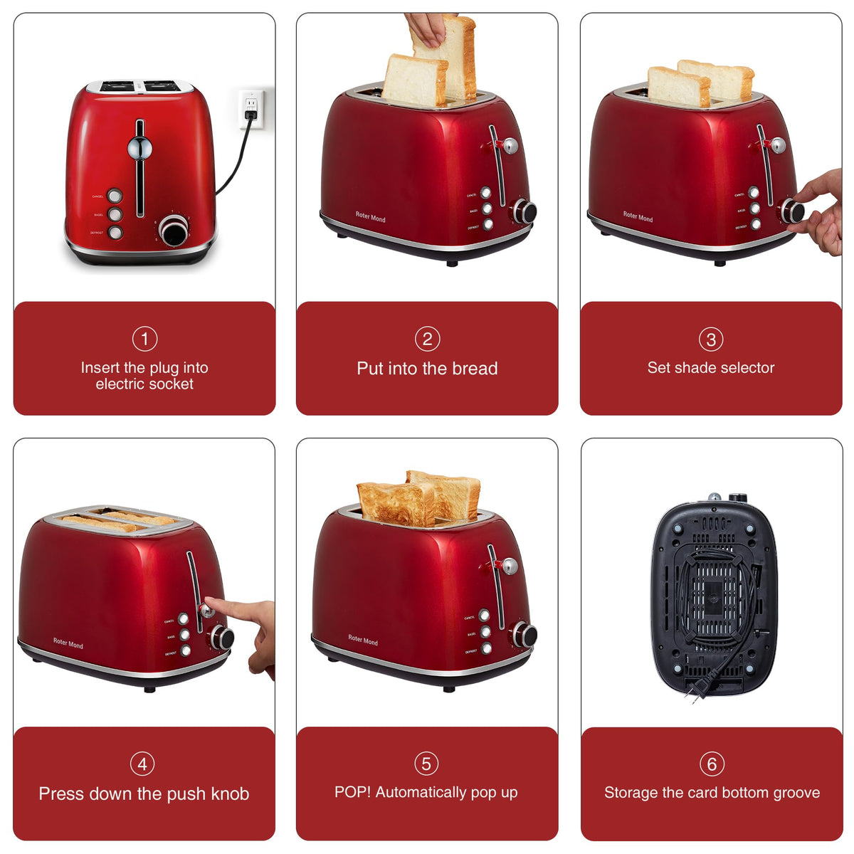 Close-up of the 6 shade settings knob on red toaster
