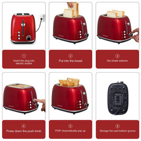 Close-up of the 6 shade settings knob on red toaster