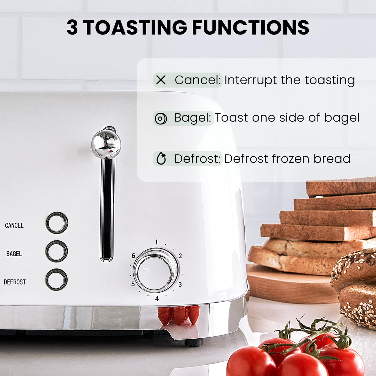 Roter Mond defrost and cancel controls close-up; convenient options for precise toasting.
