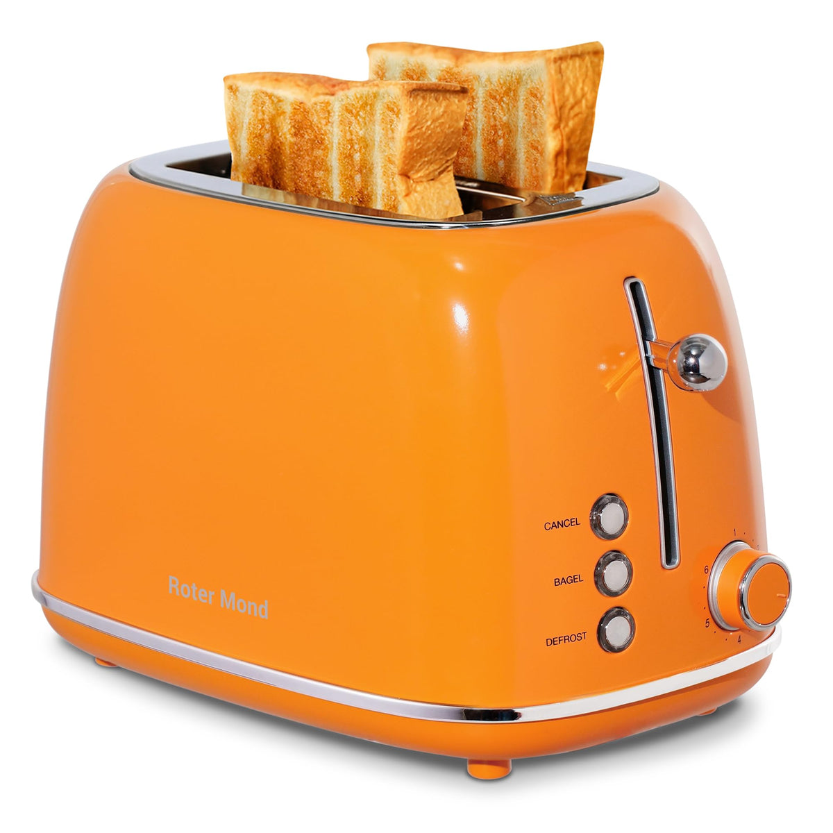 Roter Mond 2 Slice Toaster front view shows durable stainless steel with orange finish and practical design.