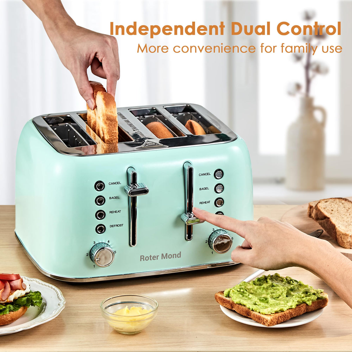 Roter Mond aqua green toaster toasting bagels and English muffins evenly