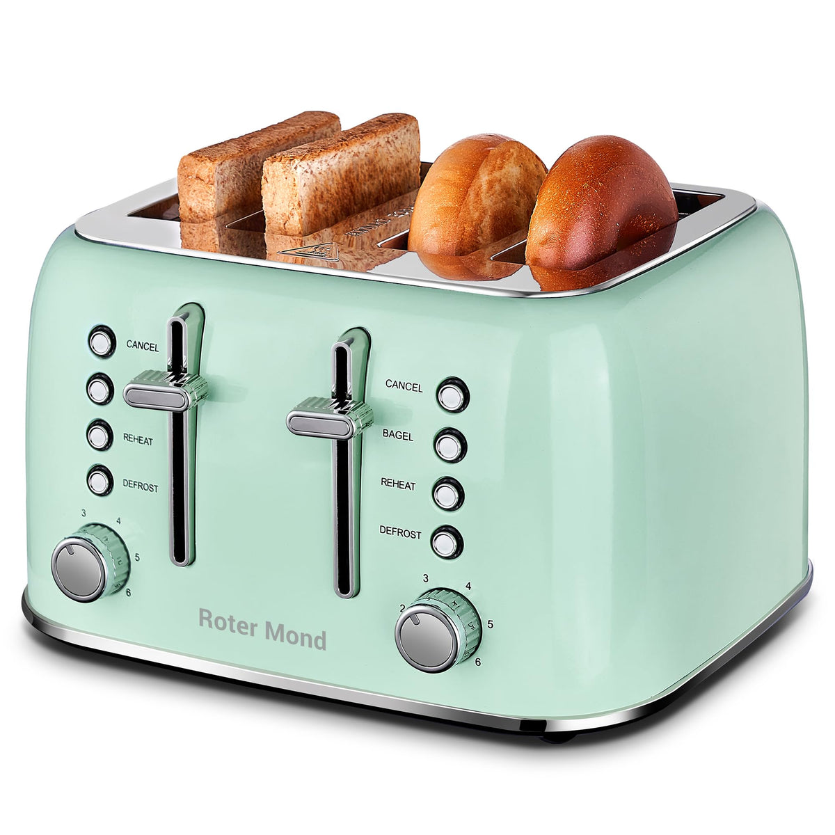Roter Mond 4-slice toaster with aqua green finish and extra-wide slots for thick bread