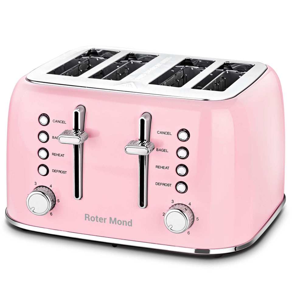 Roter Mond 4-Slice Toaster front view in pink with extra-wide slots for bagels