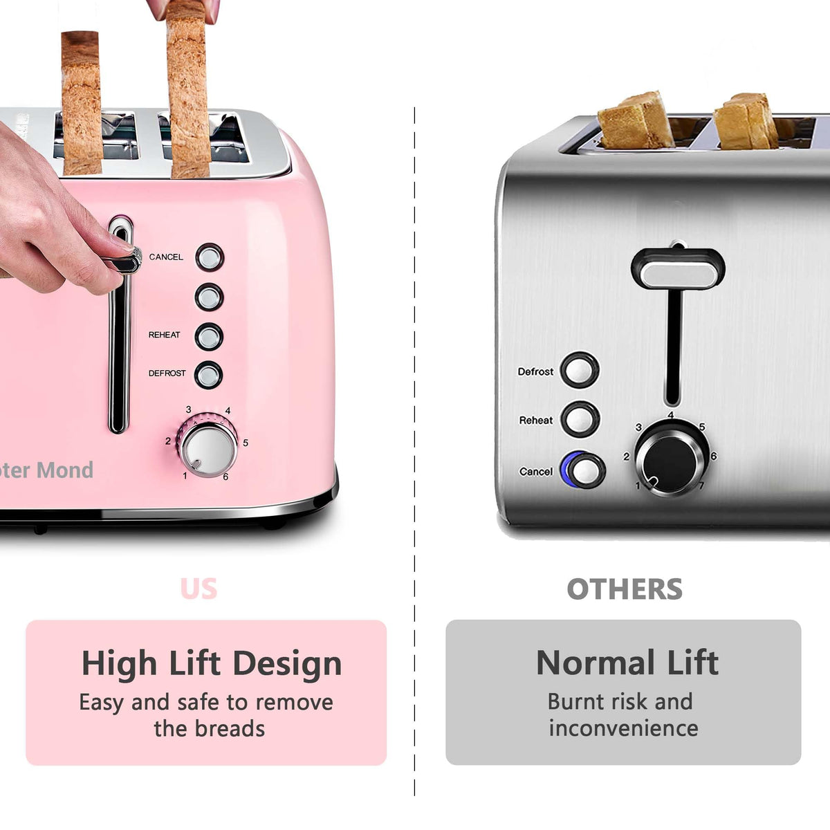 Pink finish and high lift design of the Roter Mond 4-Slice Toaster