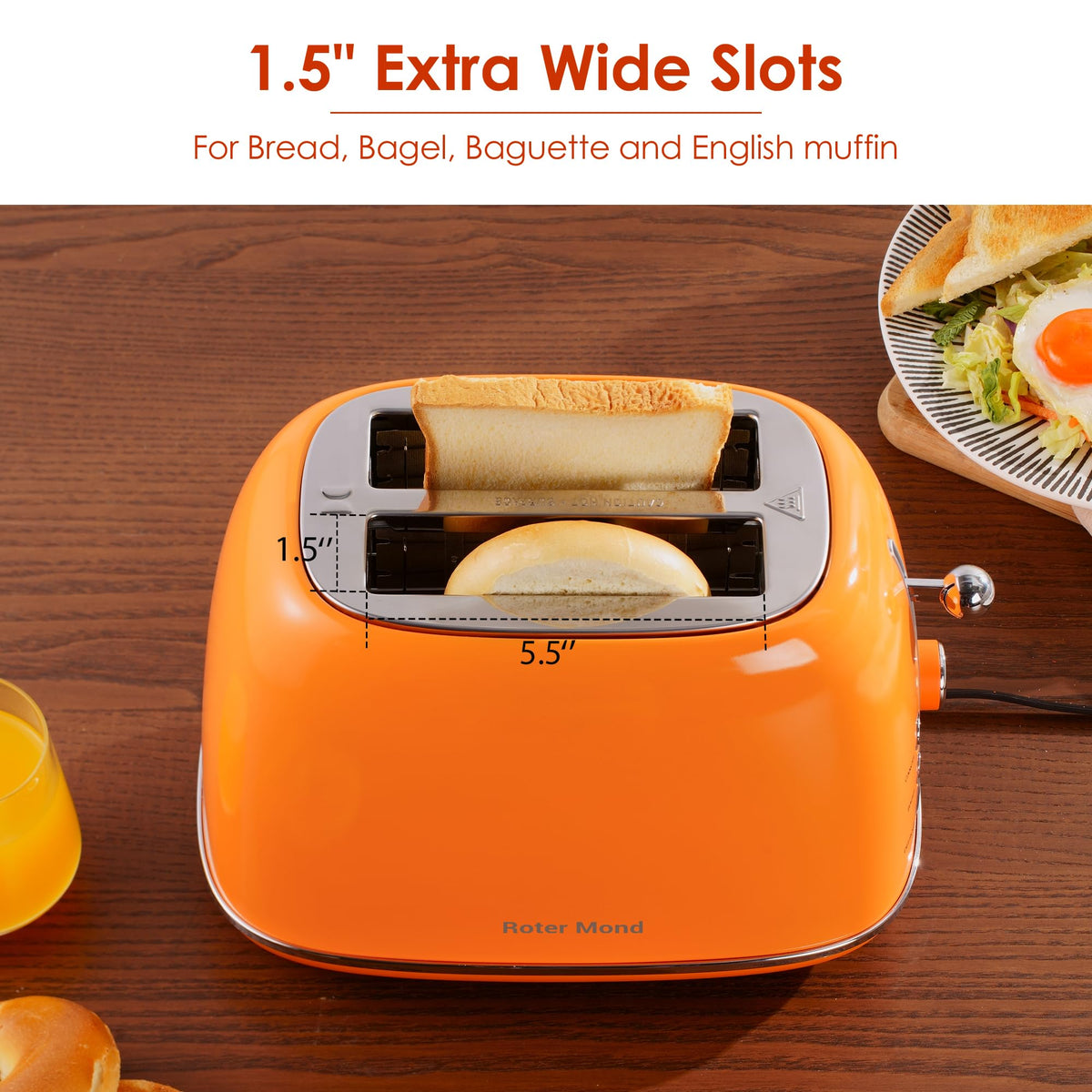 Roter Mond toaster defrost-mode button detail supports even toasted frozen bread.