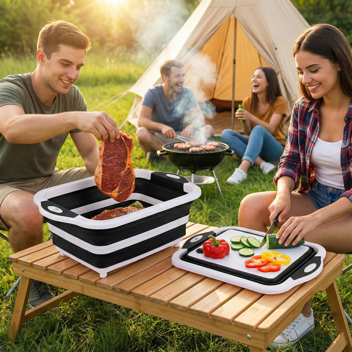 ROTTOGOON BBQ tub with built-in cutting board lid for on-the-go prep.