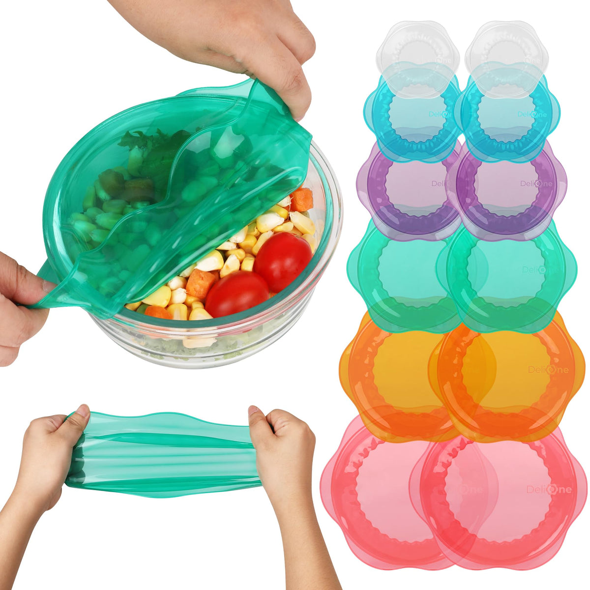 ROTTOGOON silicone stretch lids on an 8-inch round container seal leftovers effectively.