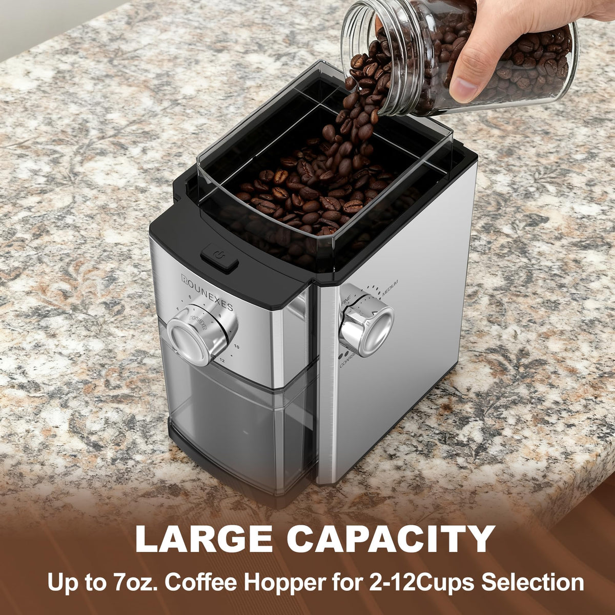 ROUNEXES coffee grinder removable burr enables easy cleaning and longer lasting performance.