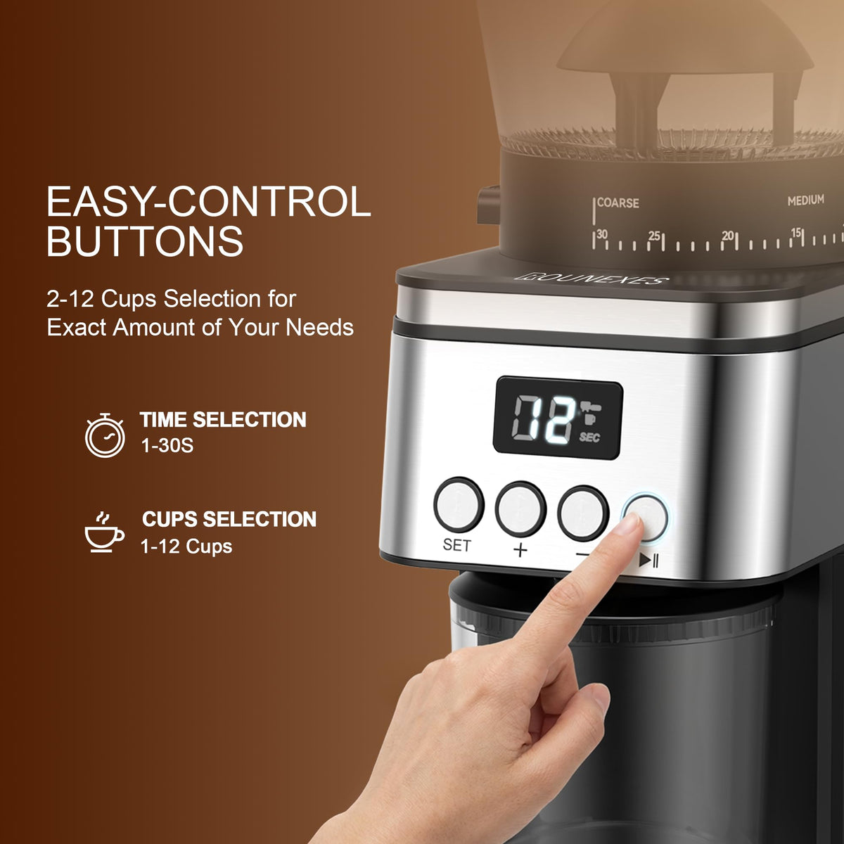 Rounexes grinder set to 2-12 cup output for gatherings and daily use.
