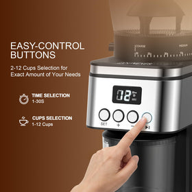 Rounexes grinder set to 2-12 cup output for gatherings and daily use.