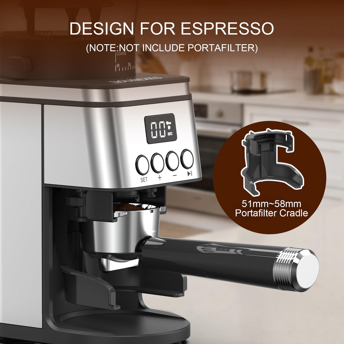 Rounexes grinder display features a digital timer for batch timing.