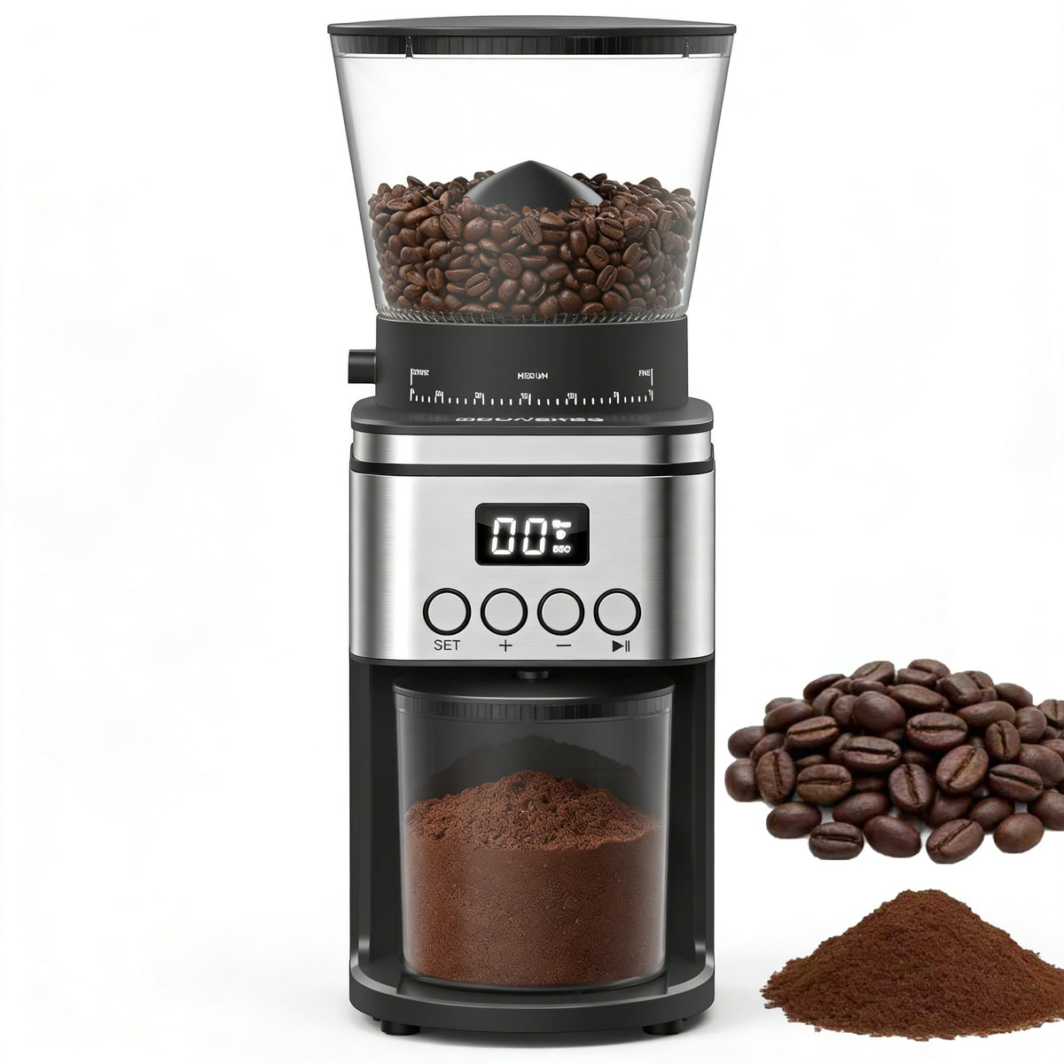 Rounexes conical burr grinder with espresso cradle for precise grind into a portafilter.