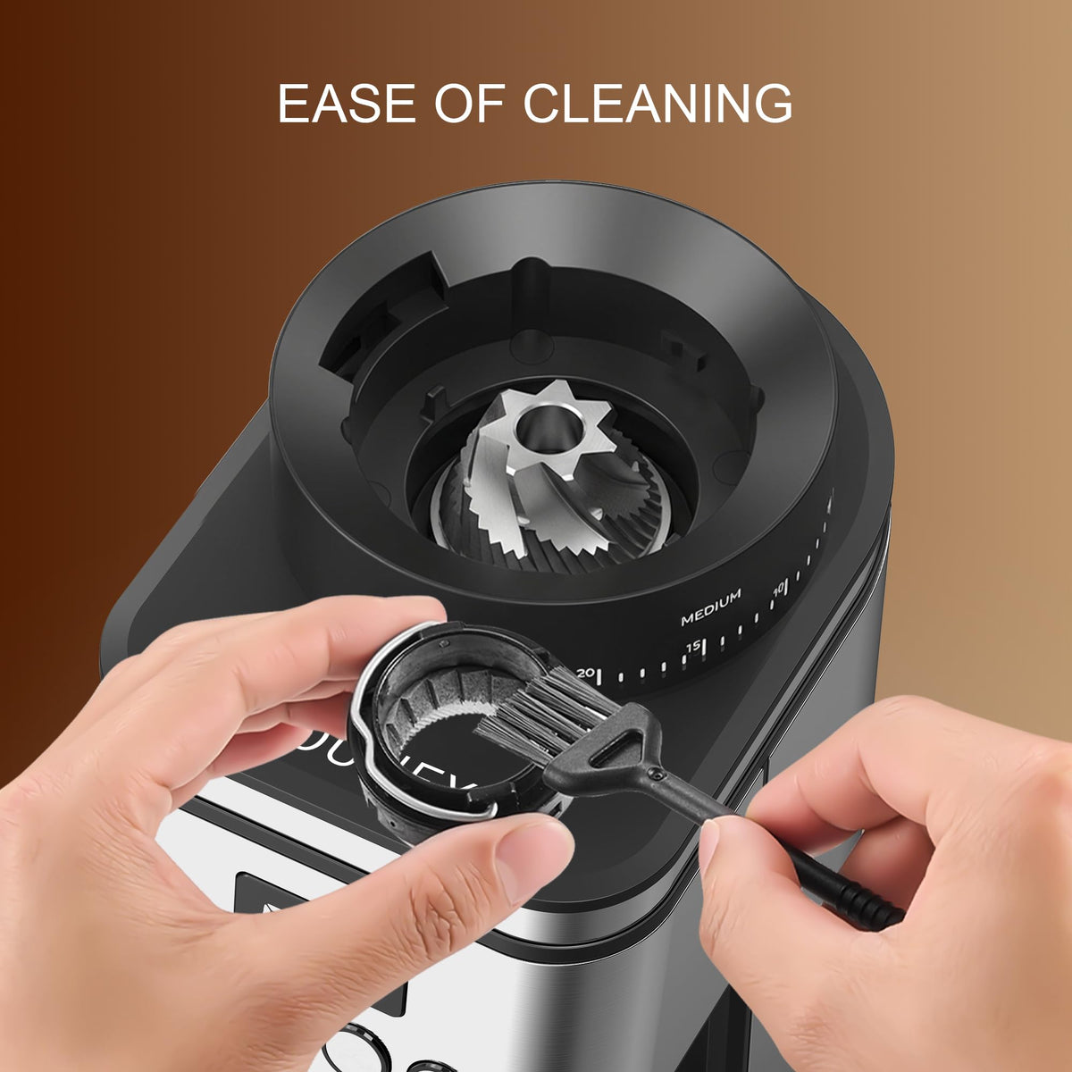 Rounexes removable burr assembly for easy cleaning and maintenance.