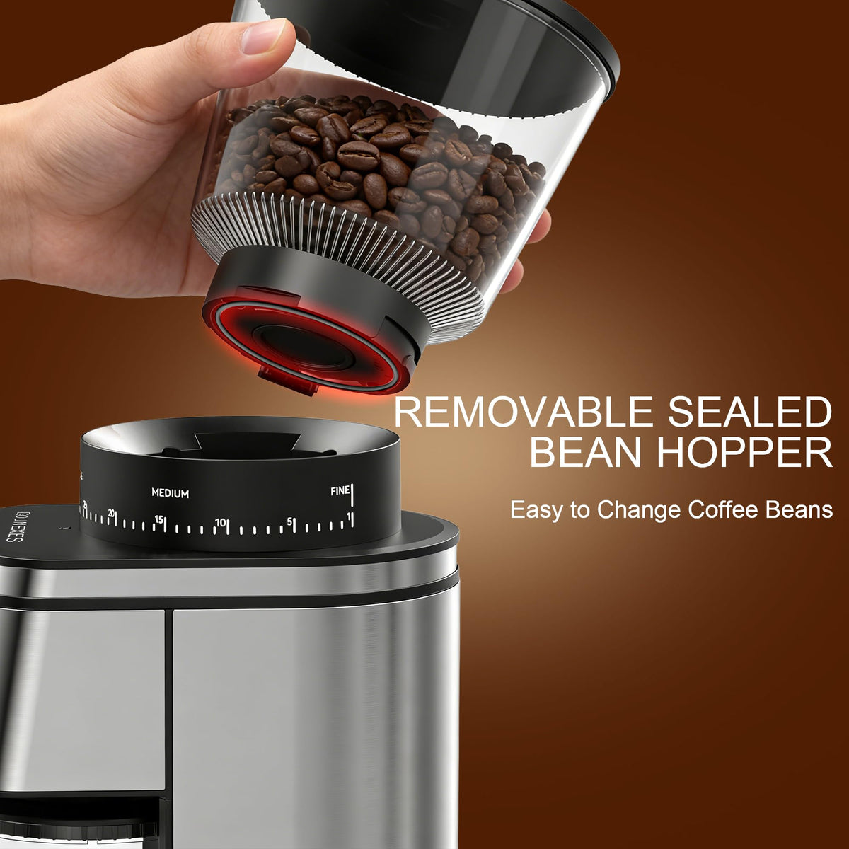 Rounexes grinder showing sealed hopper to preserve bean freshness.