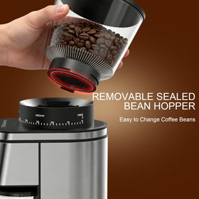 Rounexes grinder showing sealed hopper to preserve bean freshness.