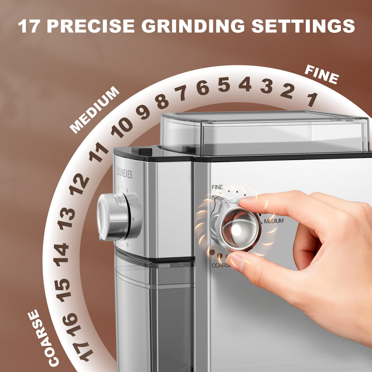 ROUNEXES grinder 17 settings dial demonstrates versatile grinding for espresso to French press.