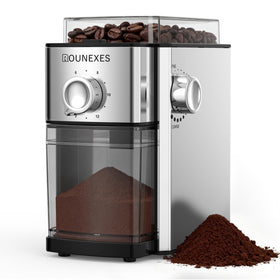 ROUNEXES electric flat burr grinder front view shows a sturdy home friendly design with consistent grinding.