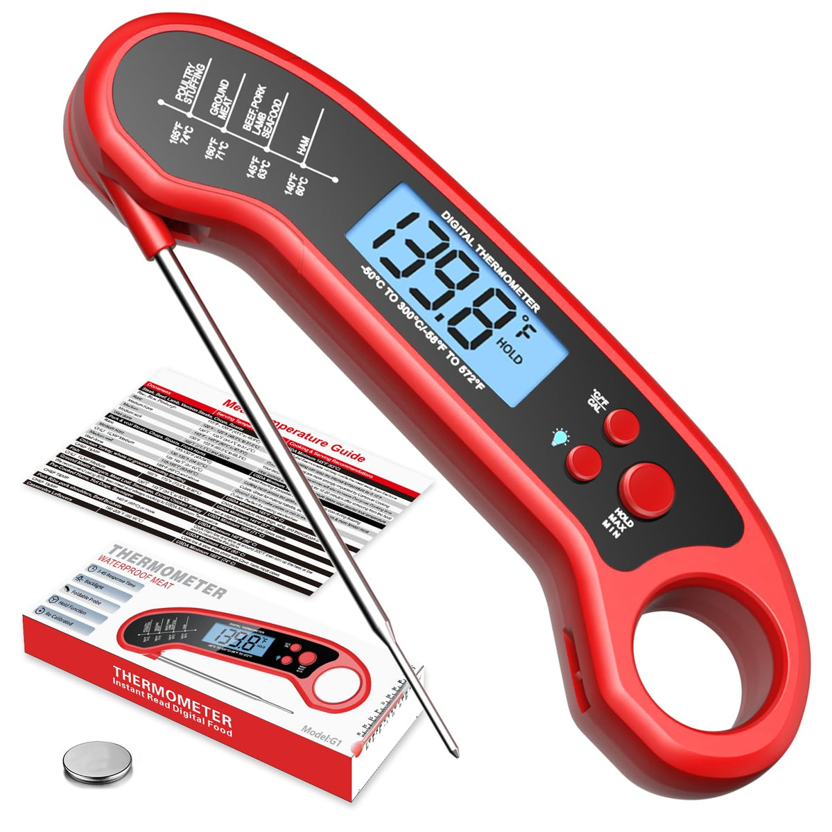 ROUUO meat thermometer with backlit display for clear outdoor grilling