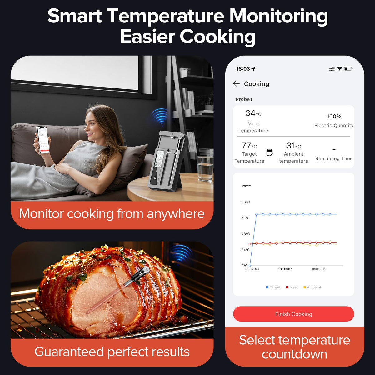 ROUUO thermometer with Bluetooth and WiFi for flexible, remote monitoring.