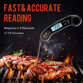 ROUUO thermometer probe close-up highlights food grade safety and quick checks.
