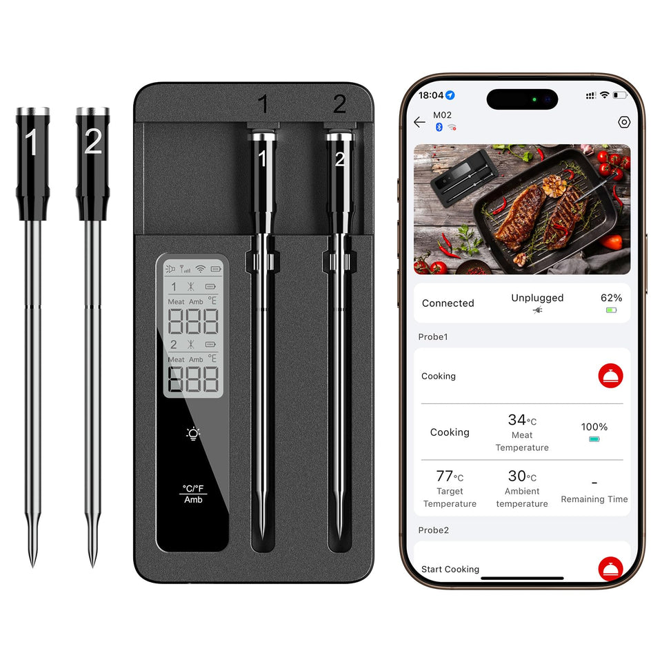 ROUUO dual-probes monitor core and ambient temps for precise cooking.