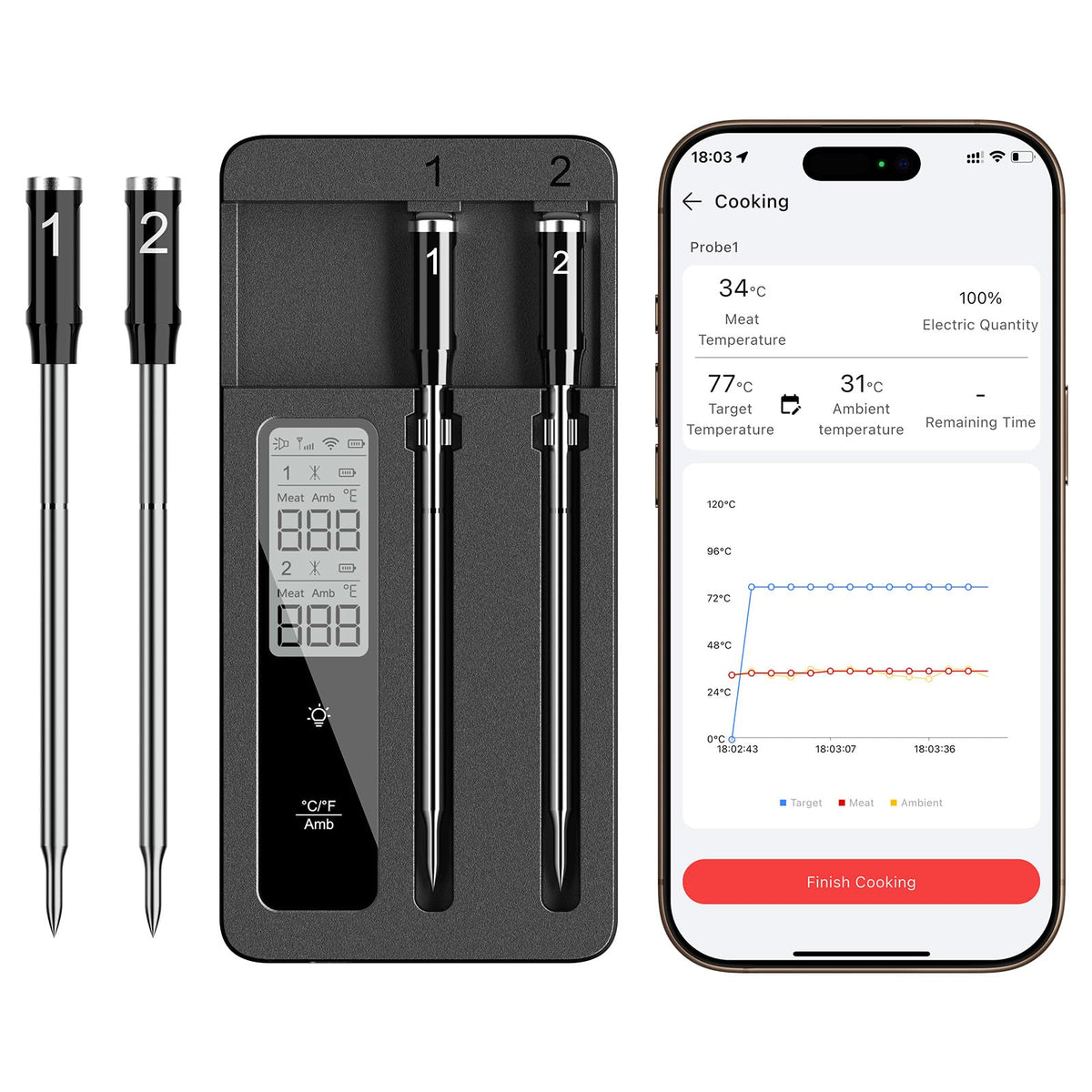 ROUUO dual-probes measure core and ambient temps for precise cooking.