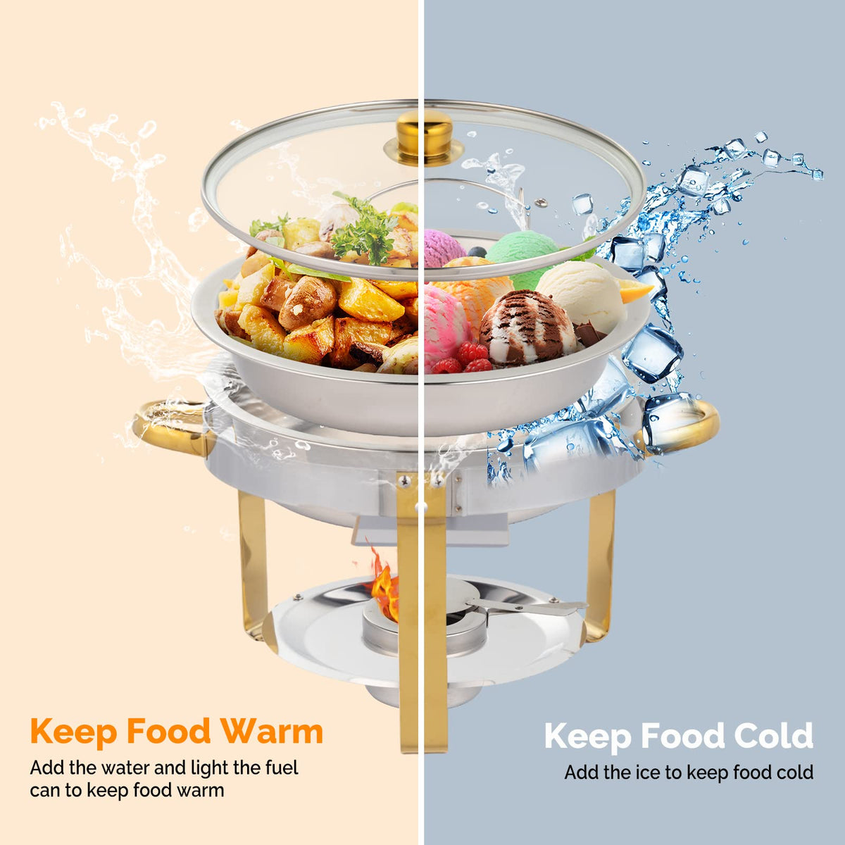 ROVSUN glass lid for chafing dish showing contents while preserving warmth