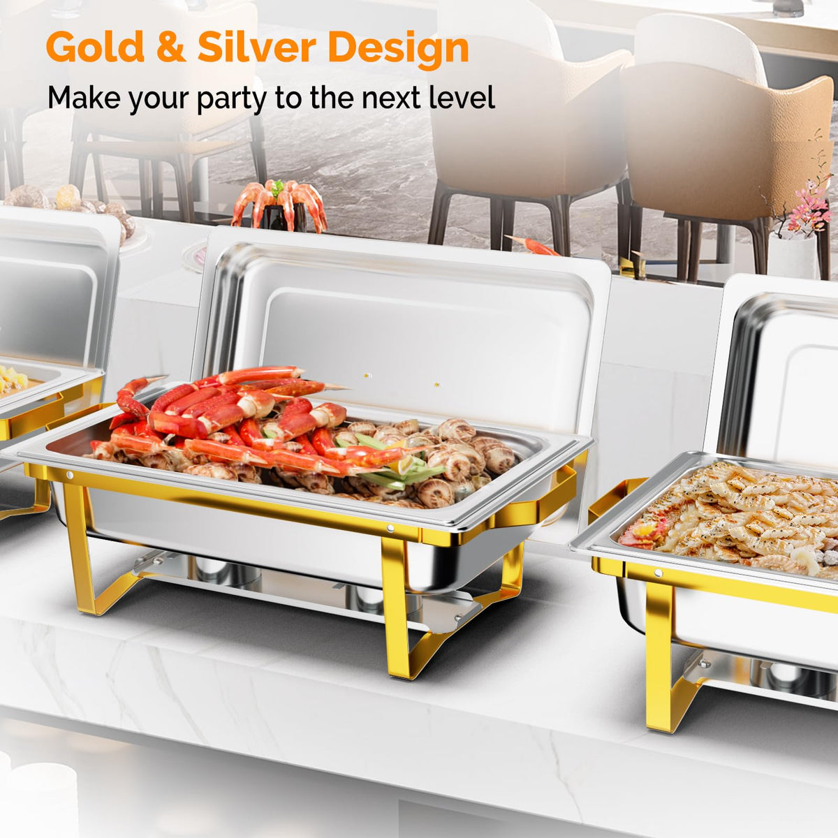 ROVSUN gold-silver finish chafing dish adds elegant tone to events.