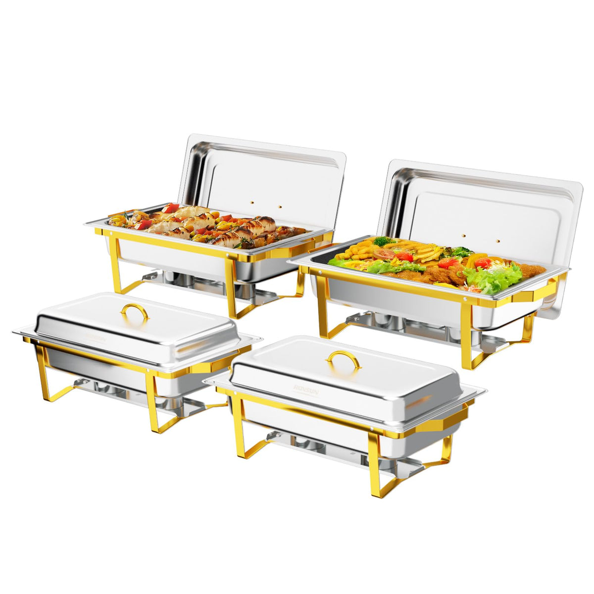 ROVSUN chafing dishes 4-pack ready for buffet service, keeping food warm for guests.