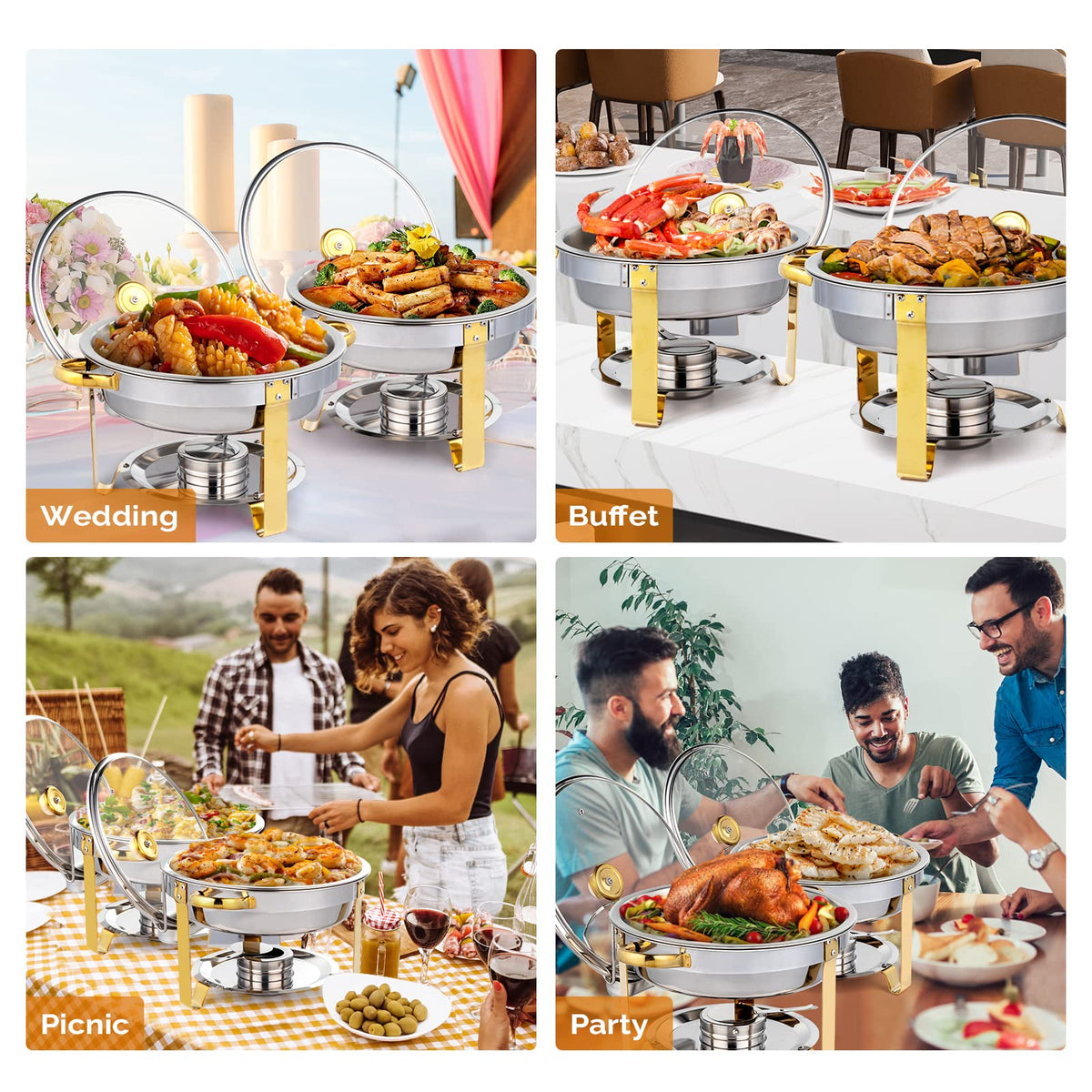 ROVSUN round chafing dishes four-pack frames on a catering setup