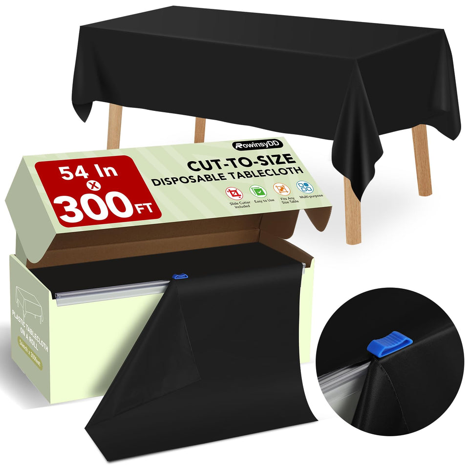 RowinsyDD 54in x 300ft black table cover roll with slide cutter for precise cuts