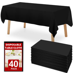 RowinsyDD black disposable tablecloth covers a rectangle table for outdoor events.