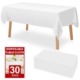 RowinsyDD 30-pack white disposable tablecloths stacked for quick event setup.